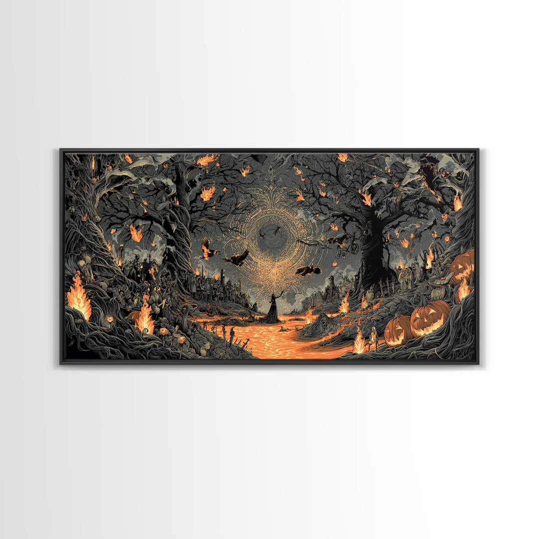 The Volcanic Demon Festival, Wide Panoramic Art, Haunted Gothic Art, Framed Canvas Print, Halloween Wall Decor, Gothic Home Decor