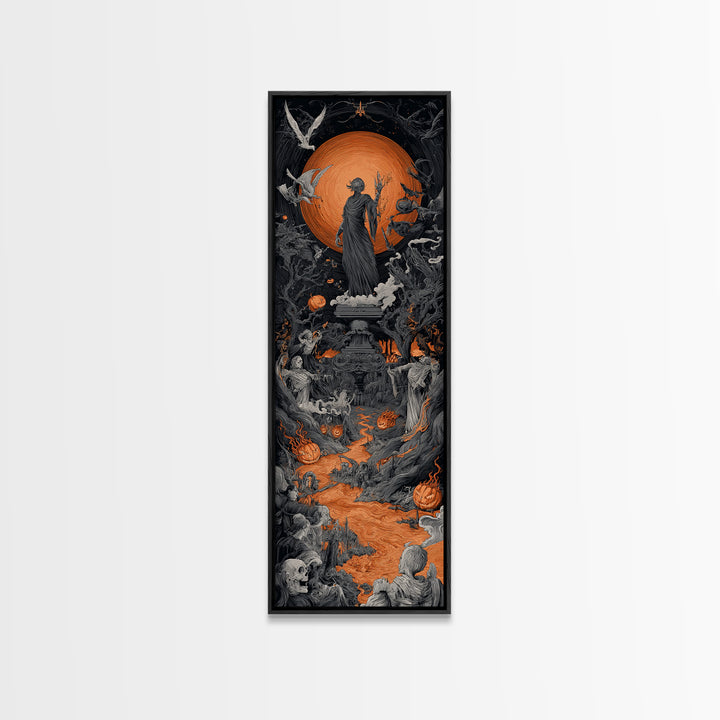 The Volcanic Demon Festival, Tall Narrow Wall Art, Gothic Horror Wall Art, Framed Canvas Print, Halloween Wall Decor, Gothic Home Decor