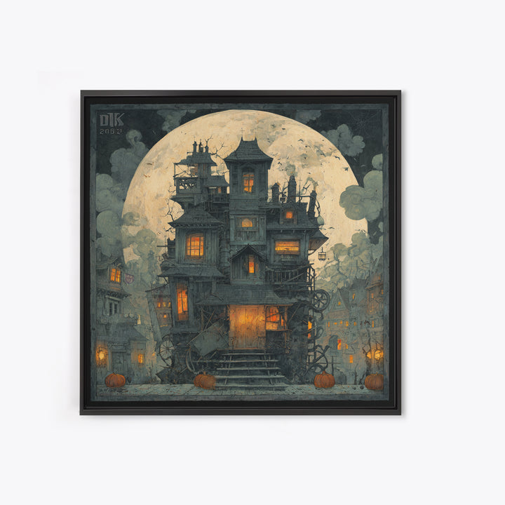 The Clockwork Haunted House, Square Wall Art, Dark Fantasy Wall Art, Canvas Print, Halloween Wall Decor, Gothic Home Decor
