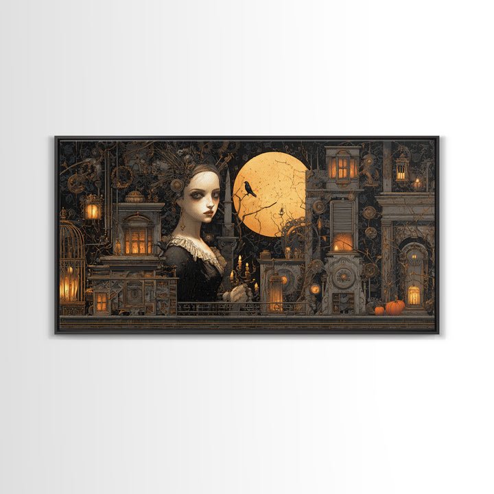 The Clockwork Haunted House, Wide Panoramic Art, Dark Halloween Decor, Canvas Print, Halloween Wall Decor, Gothic Home Decor