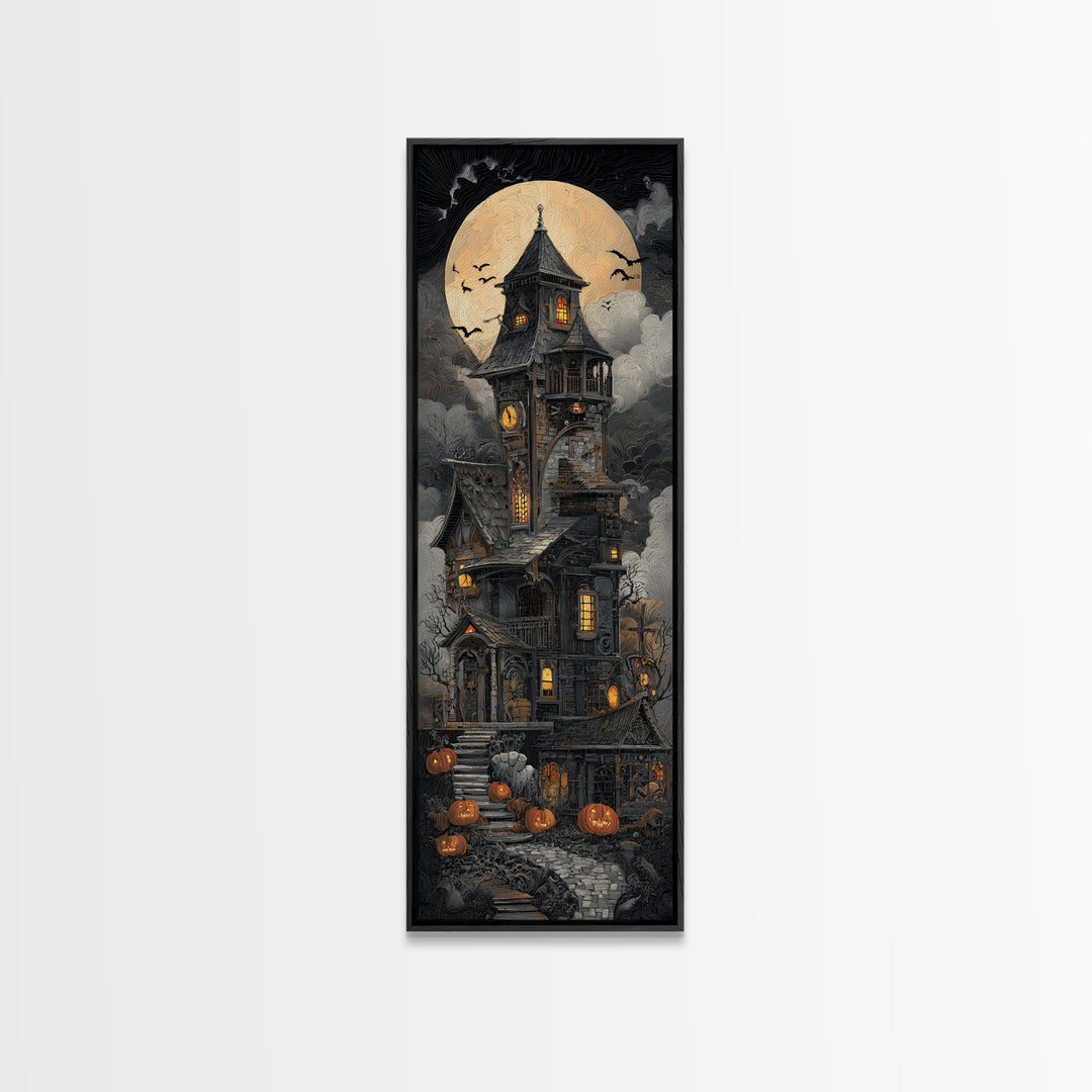 The Clockwork Haunted House, Tall Narrow Wall Art, Dark Fantasy Wall Art, Canvas Print, Halloween Wall Decor, Gothic Home Decor