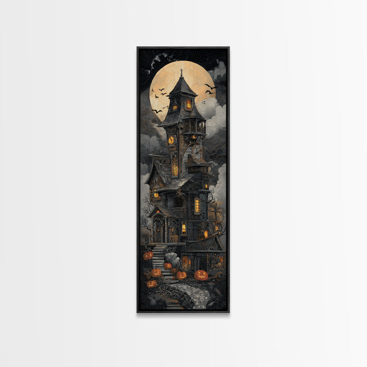 The Clockwork Haunted House, Tall Narrow Wall Art, Dark Fantasy Wall Art, Canvas Print, Halloween Wall Decor, Gothic Home Decor