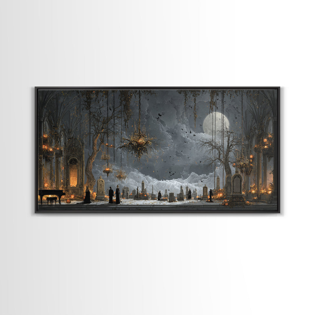 The Upside-Down Cemetery, Wide Panoramic Art, Macabre Wall Art, Framed Canvas Print, Halloween Wall Decor, Gothic Home Decor