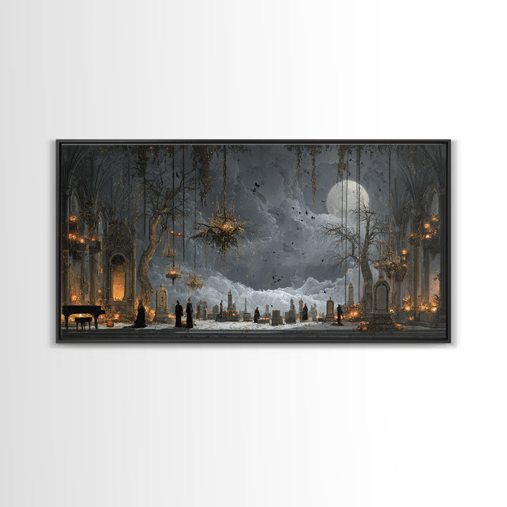 The Upside-Down Cemetery, Wide Panoramic Art, Macabre Wall Art, Framed Canvas Print, Halloween Wall Decor, Gothic Home Decor