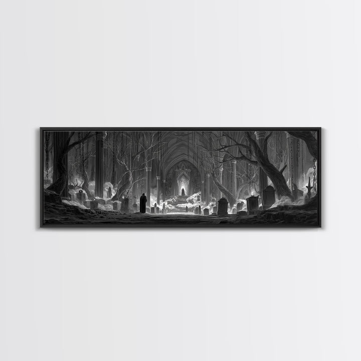 The Upside-Down Cemetery, Extra Wide Wall Art, Gothic Horror Wall Art, Framed Canvas Print, Halloween Wall Decor, Gothic Home Decor