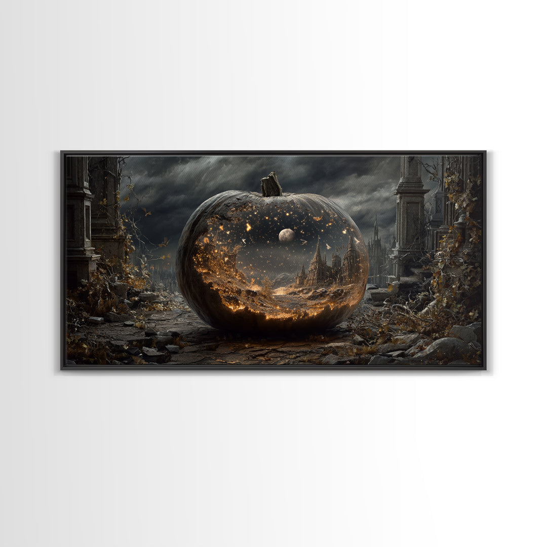 The Moon Inside A Pumpkin, Wide Panoramic Art, Dark Halloween Decor, Canvas Print, Halloween Wall Decor, Gothic Home Decor