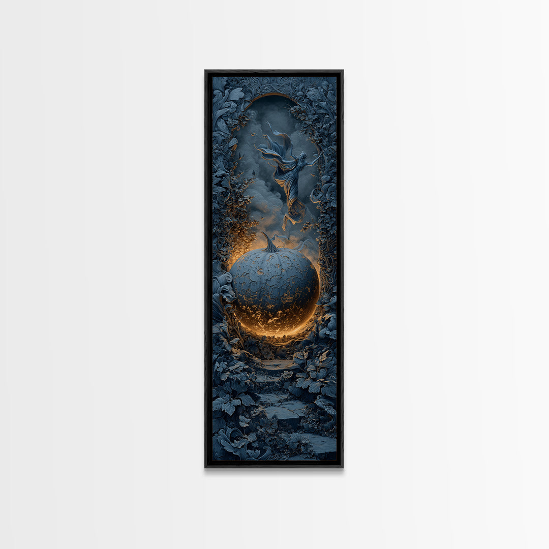 The Moon Inside A Pumpkin, Tall Narrow Wall Art, Macabre Wall Art, Framed Canvas Print, Halloween Wall Decor, Gothic Home Decor