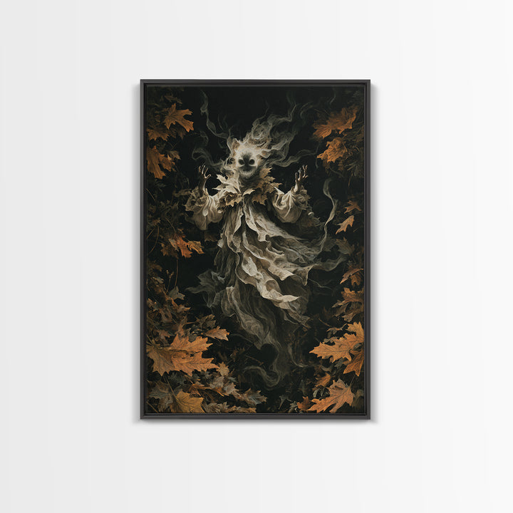 The Autumn-Leaf Ghost, Vertical Wall Art, Gothic Horror Wall Art, Framed Canvas Print, Halloween Wall Decor, Gothic Home Decor