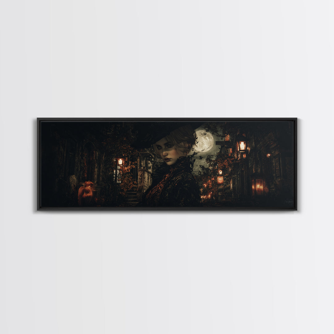 The Town Where Shadows Live, Extra Wide Wall Art, Macabre Wall Art, Framed Canvas Print, Halloween Wall Decor, Gothic Home Decor
