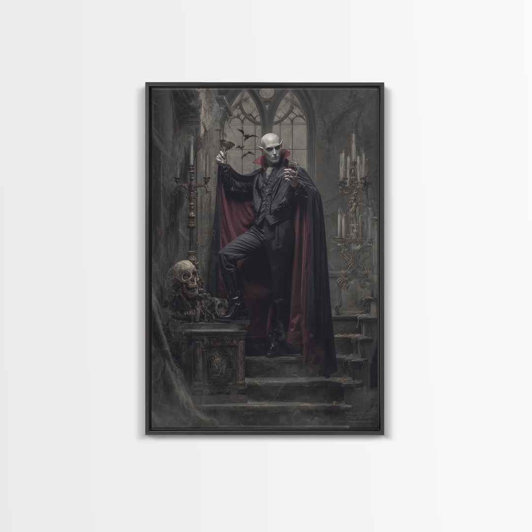 The Crimson Count Of Hollow Keep, Vertical Wall Art, Haunted Gothic Art, Framed Canvas Print, Halloween Wall Decor, Gothic Home Decor