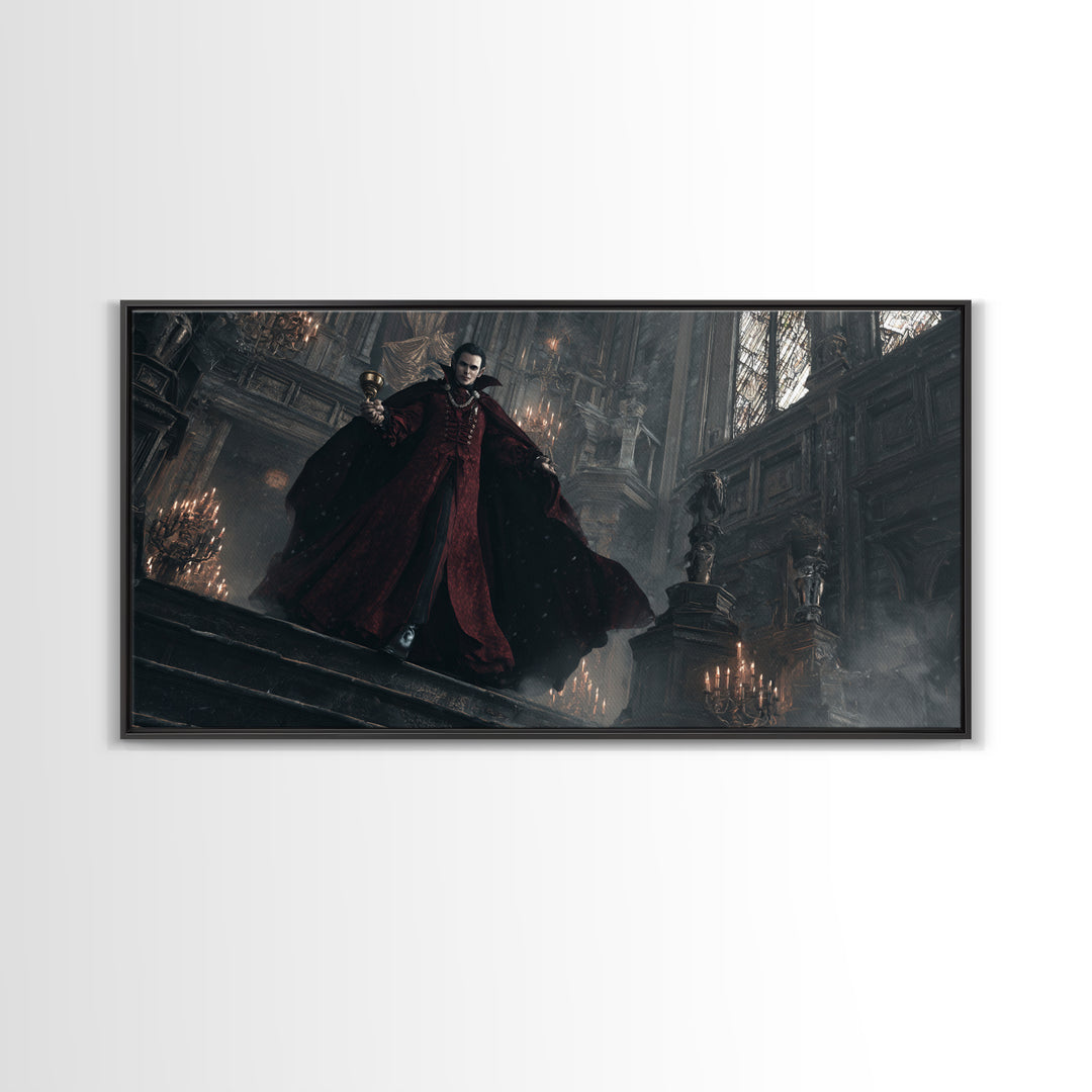 The Crimson Count Of Hollow Keep, Wide Panoramic Art, Gothic Horror Wall Art, Framed Canvas Print, Halloween Wall Decor, Gothic Home Decor