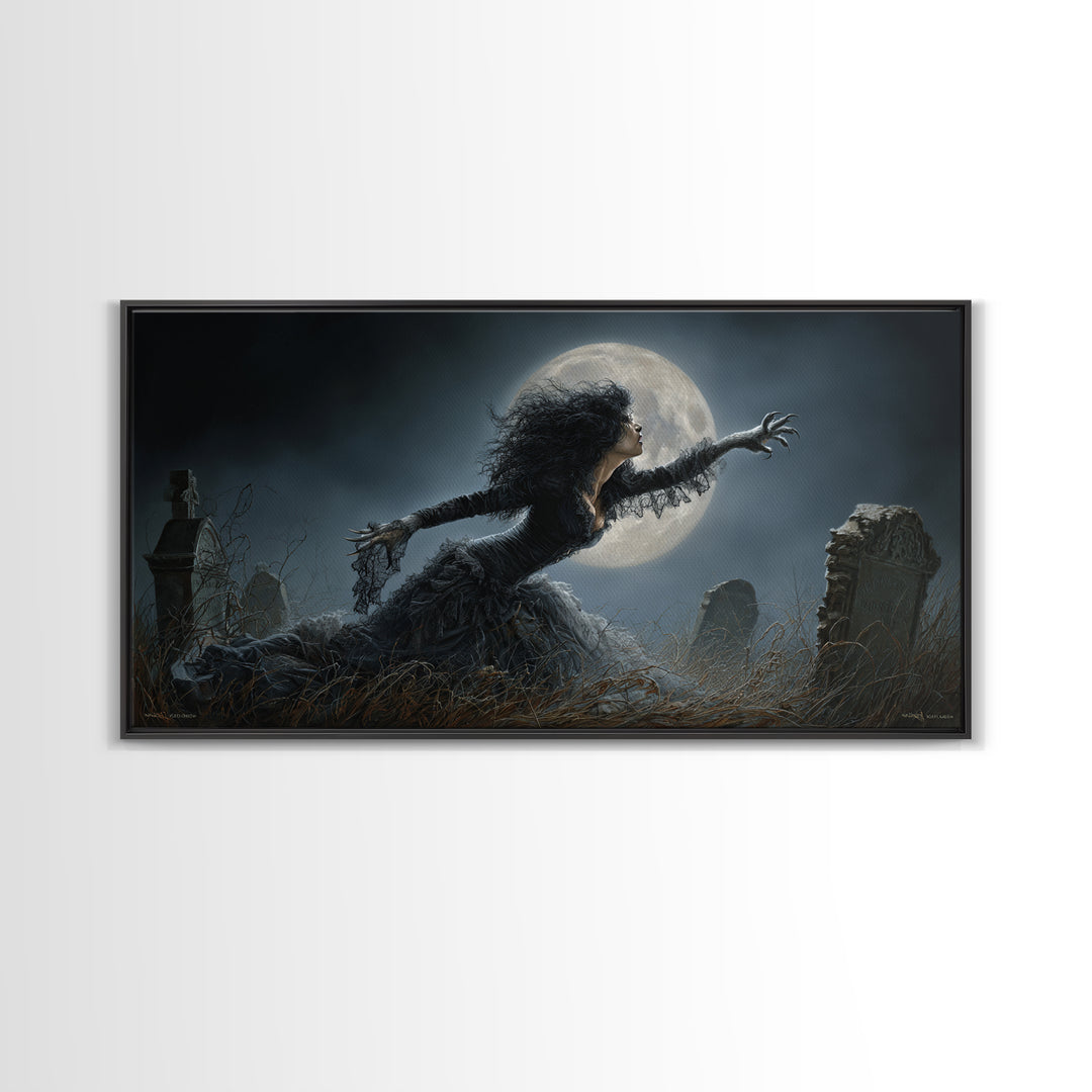 The Widow Wolf Of Briar Moon, Wide Panoramic Art, Macabre Wall Art, Framed Canvas Print, Halloween Wall Decor, Gothic Home Decor
