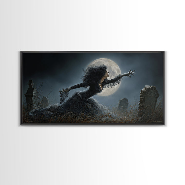 The Widow Wolf Of Briar Moon, Wide Panoramic Art, Macabre Wall Art, Framed Canvas Print, Halloween Wall Decor, Gothic Home Decor