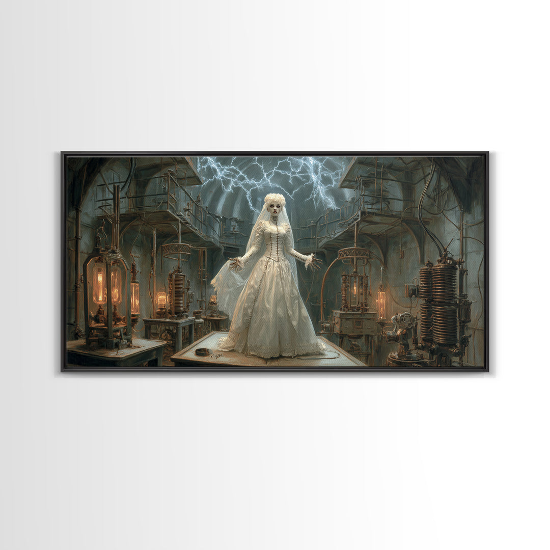 The Stitched Bride Of Thunder Hall, Wide Panoramic Art, Dark Fantasy Wall Art, Canvas Print, Halloween Wall Decor, Gothic Home Decor