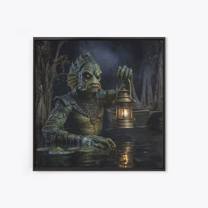 The Creature Of Lantern Lagoon, Square Wall Art, Macabre Wall Art, Framed Canvas Print, Halloween Wall Decor, Gothic Home Decor