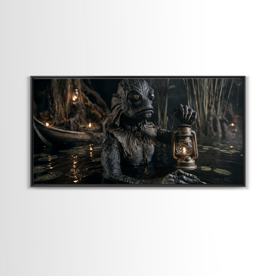 The Creature Of Lantern Lagoon, Wide Panoramic Art, Haunted Gothic Art, Framed Canvas Print, Halloween Wall Decor, Gothic Home Decor