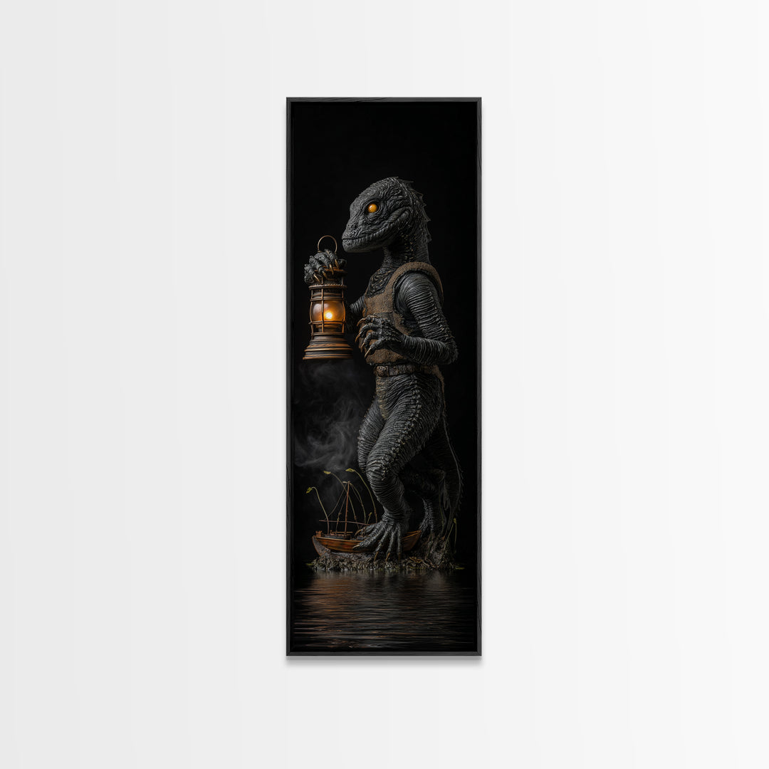 The Creature Of Lantern Lagoon, Tall Narrow Wall Art, Haunted Gothic Art, Framed Canvas Print, Halloween Wall Decor, Gothic Home Decor