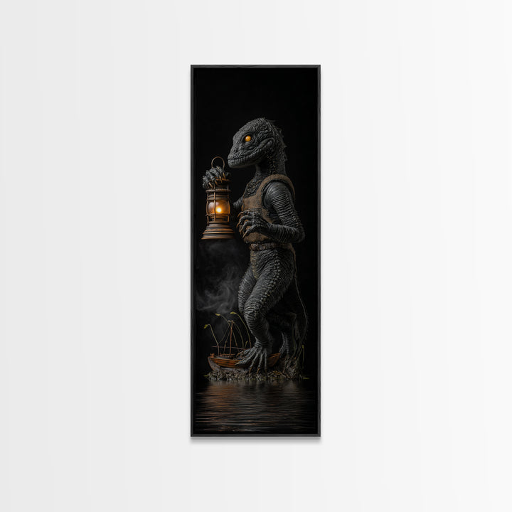 The Creature Of Lantern Lagoon, Tall Narrow Wall Art, Haunted Gothic Art, Framed Canvas Print, Halloween Wall Decor, Gothic Home Decor