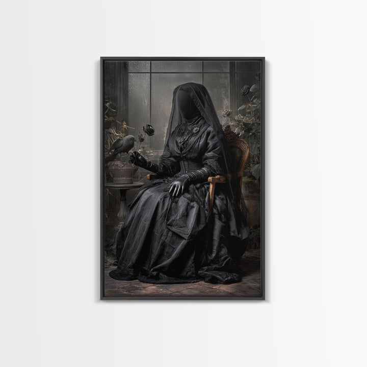 The Invisible Mourner Of Glass House, Vertical Wall Art, Haunted Gothic Art, Framed Canvas Print, Halloween Wall Decor, Gothic Home Decor