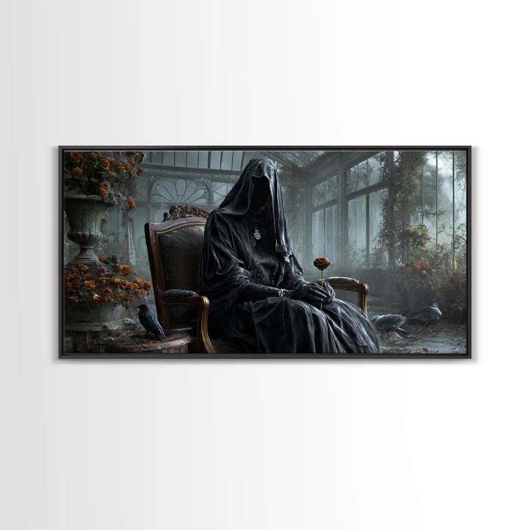 The Invisible Mourner Of Glass House, Wide Panoramic Art, Gothic Horror Wall Art, Framed Canvas Print, Halloween Wall Decor