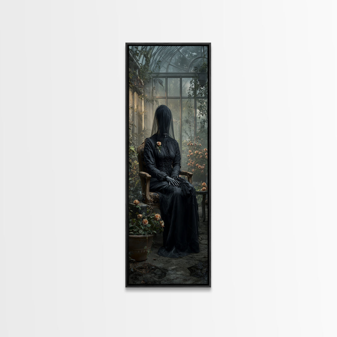 The Invisible Mourner Of Glass House, Tall Narrow Wall Art, Haunted Gothic Art, Framed Canvas Print, Halloween Wall Decor, Gothic Home Decor