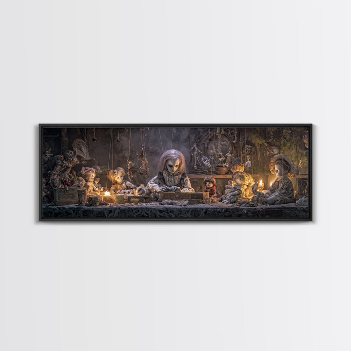 The Dollmaker Of Hollow Ward, Extra Wide Wall Art, Macabre Wall Art, Framed Canvas Print, Halloween Wall Decor, Gothic Home Decor