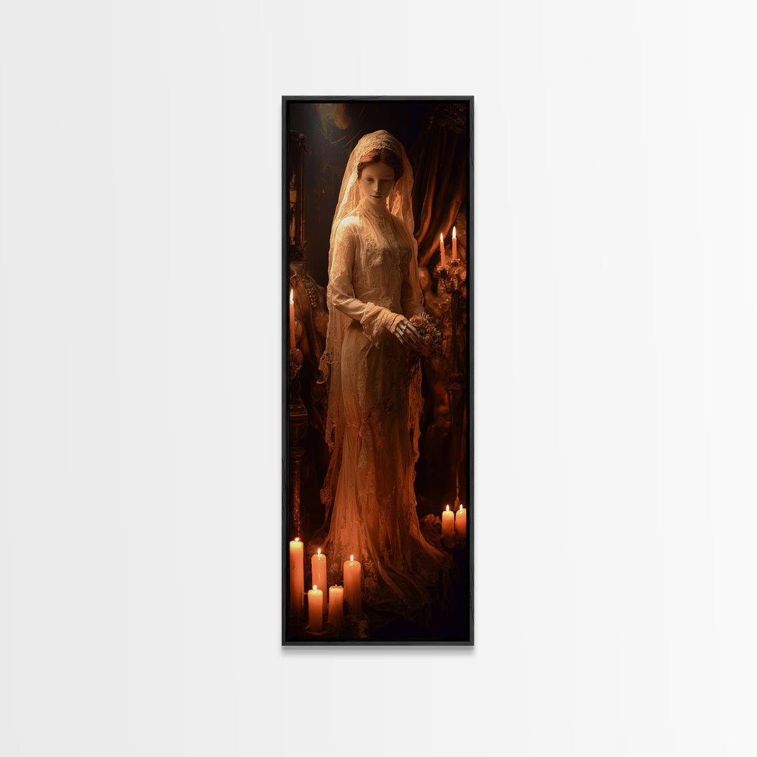 The Wax Bride Of Mourning Hall, Tall Narrow Wall Art, Macabre Wall Art, Framed Canvas Print, Halloween Wall Decor, Gothic Home Decor