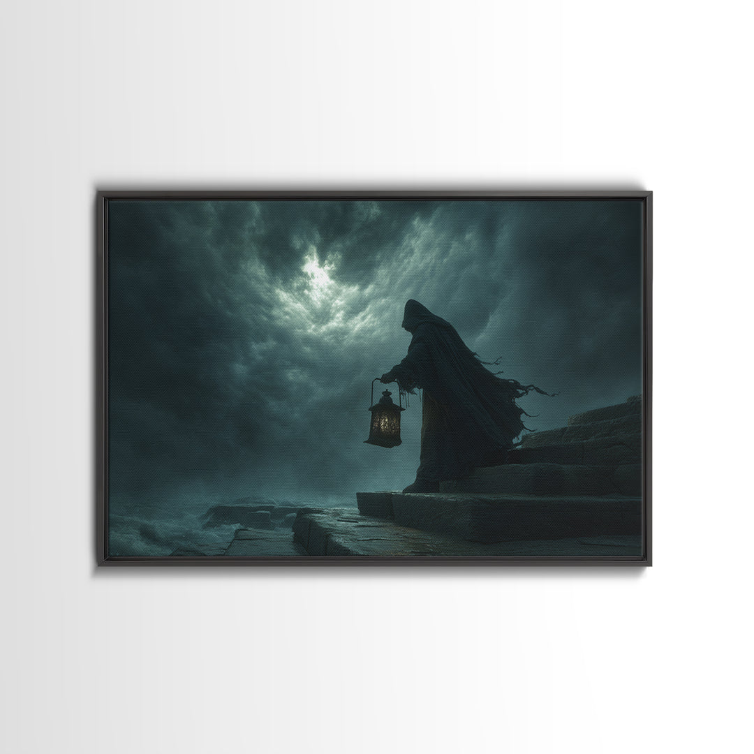 The Lantern-Bearer Of R’Lyeh, Landscape Wall Art, Spooky Home Decor, Framed Canvas Print, Halloween Wall Decor, Gothic Home Decor