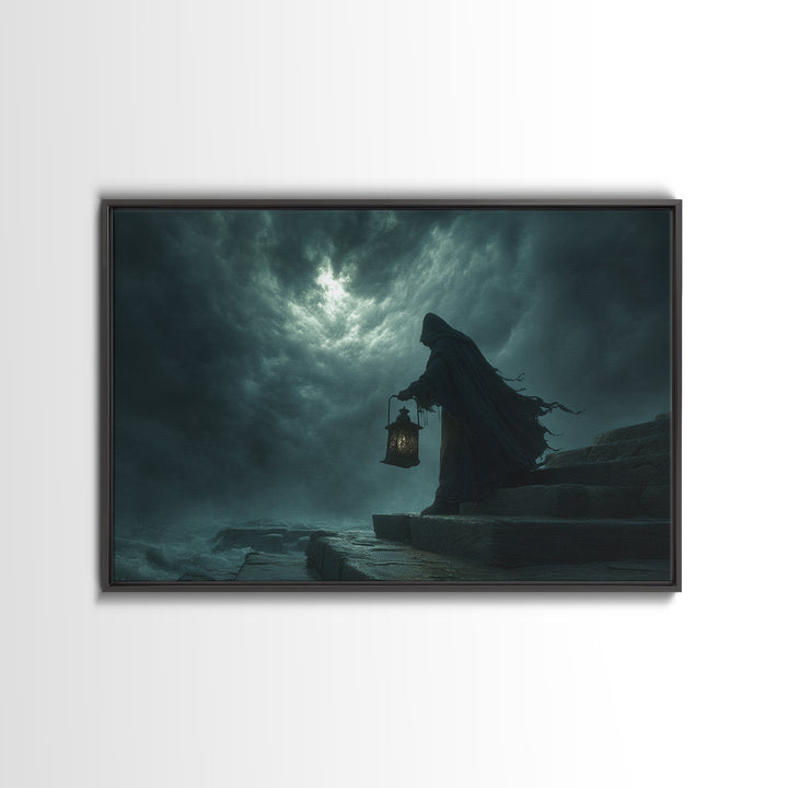 The Lantern-Bearer Of R’Lyeh, Landscape Wall Art, Spooky Home Decor, Framed Canvas Print, Halloween Wall Decor, Gothic Home Decor