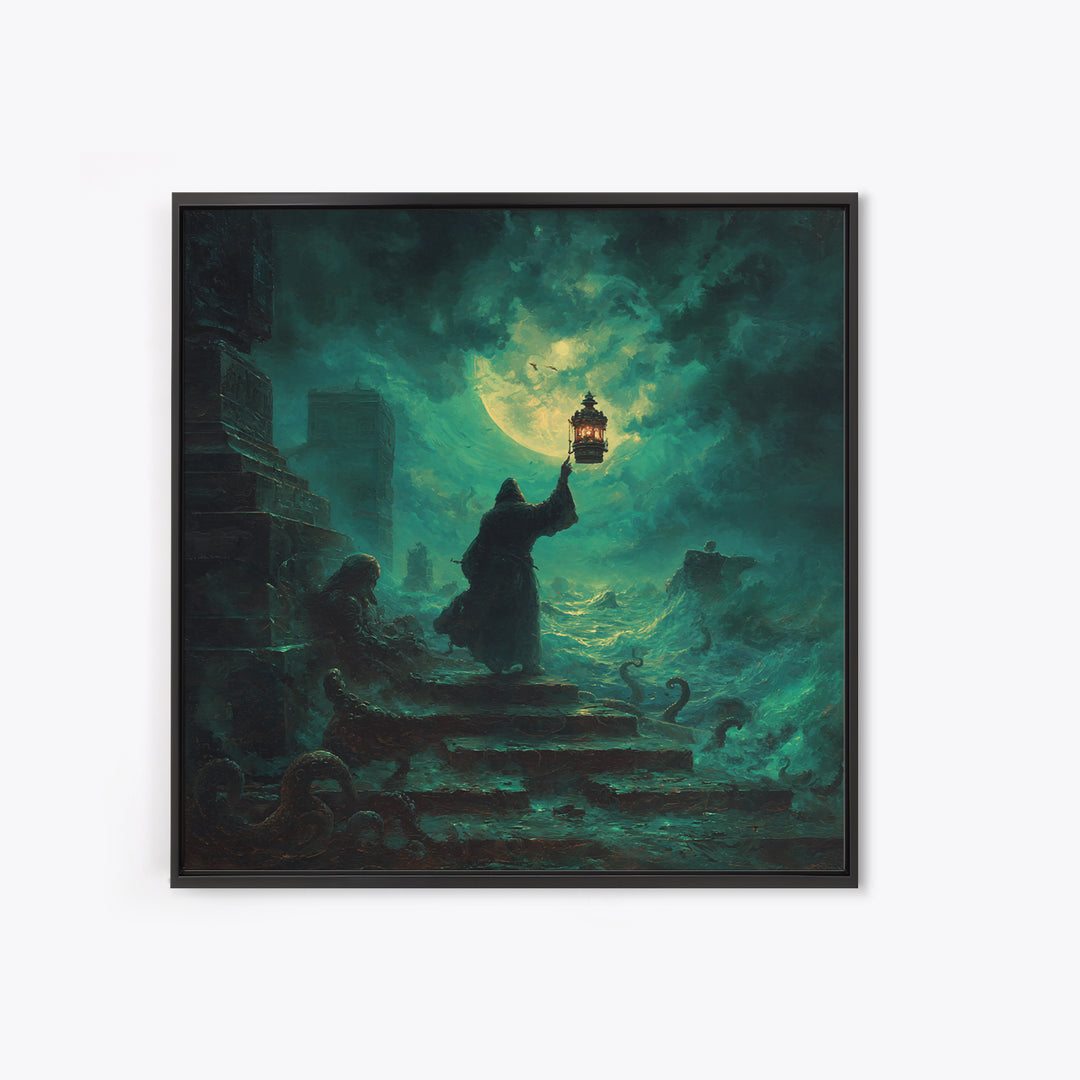 The Lantern-Bearer Of R’Lyeh, Square Wall Art, Spooky Home Decor, Framed Canvas Print, Halloween Wall Decor, Gothic Home Decor