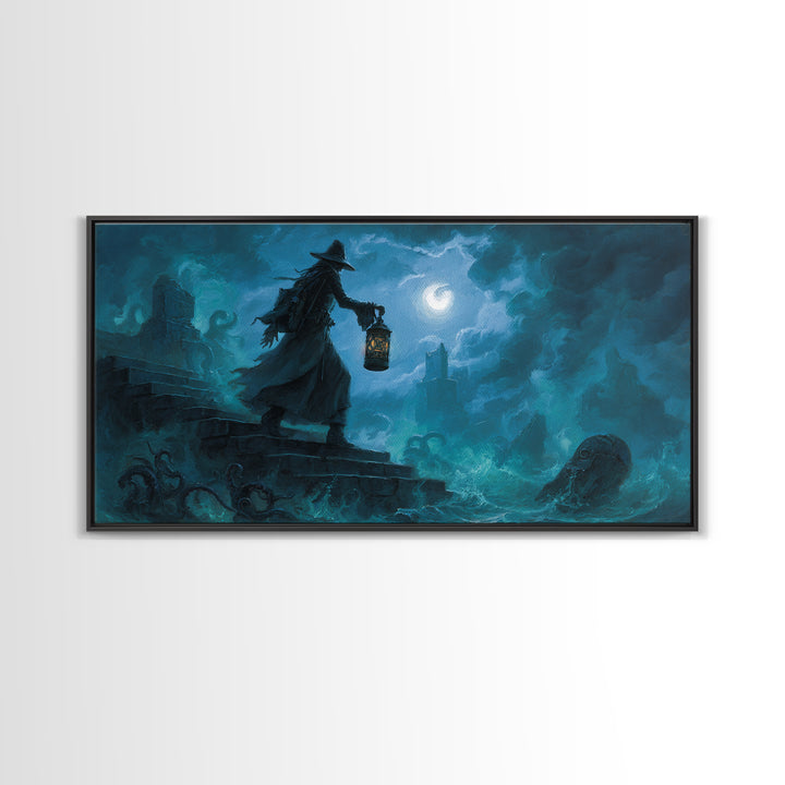 The Lantern-Bearer Of R’Lyeh, Wide Panoramic Art, Lovecraftian Horror Art, Canvas Print, Halloween Wall Decor, Gothic Home Decor