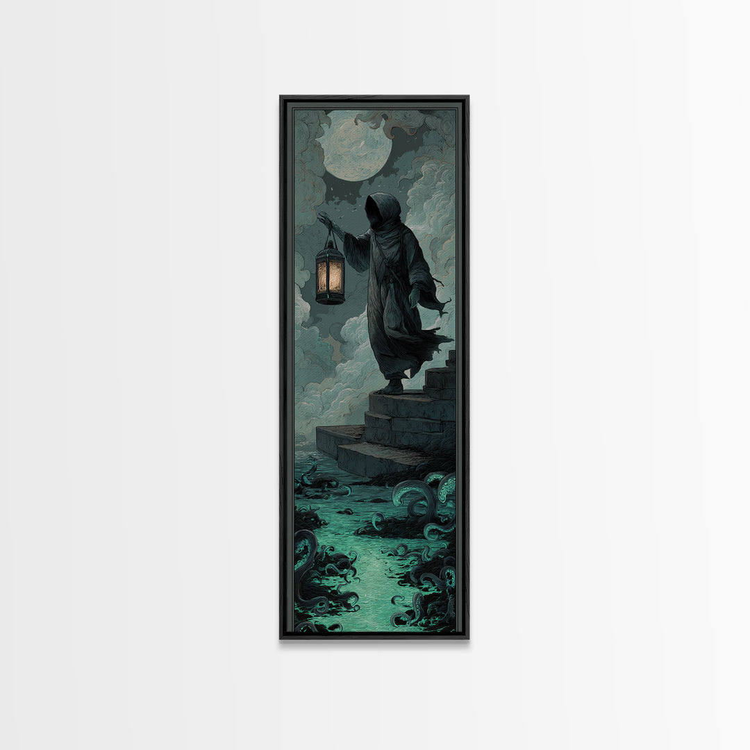 The Lantern-Bearer Of R’Lyeh, Tall Narrow Wall Art, Gothic Horror Wall Art, Framed Canvas Print, Halloween Wall Decor, Gothic Home Decor