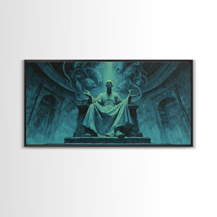 The Dreaming Priest Of The Outer Gate, Wide Panoramic Art, Gothic Horror Wall Art, Framed Canvas Print, Halloween Wall Decor