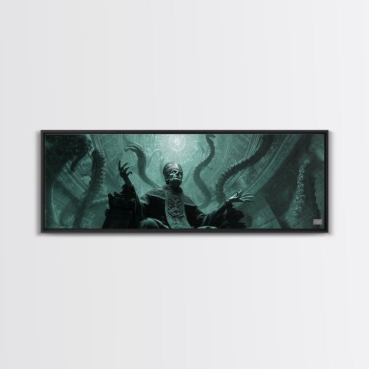 The Dreaming Priest Of The Outer Gate, Extra Wide Wall Art, Cosmic Horror Wall Art, Framed Canvas Print, Halloween Wall Decor