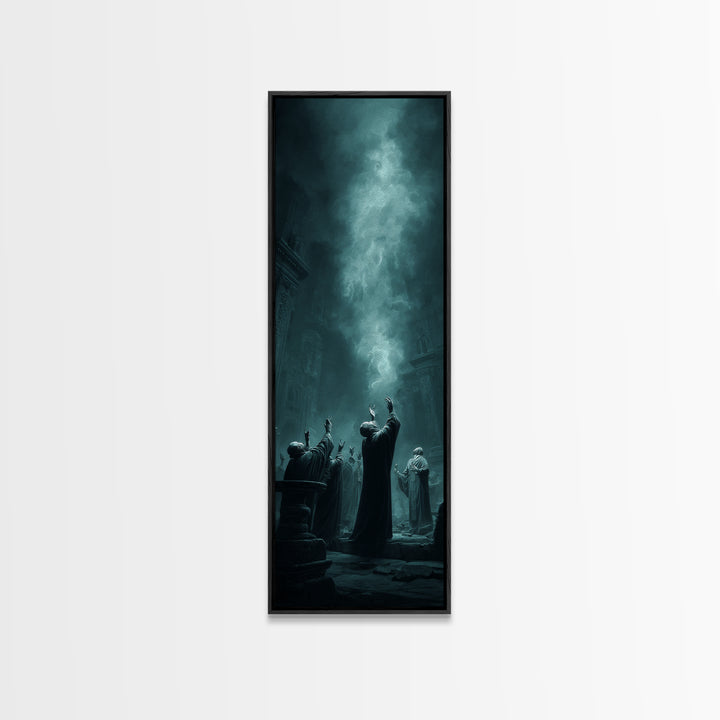 The Choir Of Deepwater Acolytes, Tall Narrow Wall Art, Lovecraftian Horror Art, Framed Canvas Print, Halloween Wall Decor, Gothic Home Decor