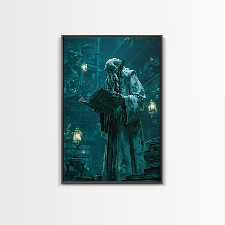 The Librarian Of Forbidden Tides, Vertical Wall Art, Gothic Horror Wall Art, Framed Canvas Print, Halloween Wall Decor, Gothic Home Decor
