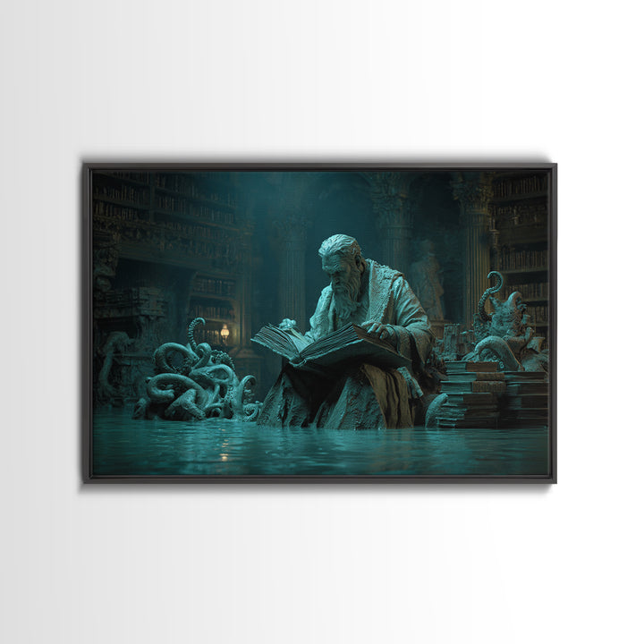 The Librarian Of Forbidden Tides, Landscape Wall Art, Lovecraftian Horror Art, Framed Canvas Print, Halloween Wall Decor, Gothic Home Decor