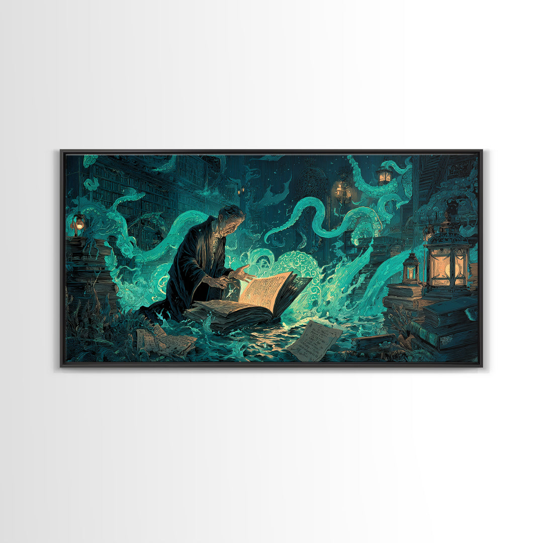 The Librarian Of Forbidden Tides, Wide Panoramic Art, Lovecraftian Horror Art, Canvas Print, Halloween Wall Decor, Gothic Home Decor