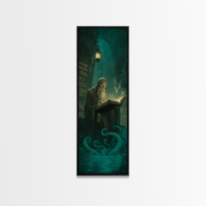 The Librarian Of Forbidden Tides, Tall Narrow Wall Art, Dark Fantasy Wall Art, Framed Canvas Print, Halloween Wall Decor, Gothic Home Decor