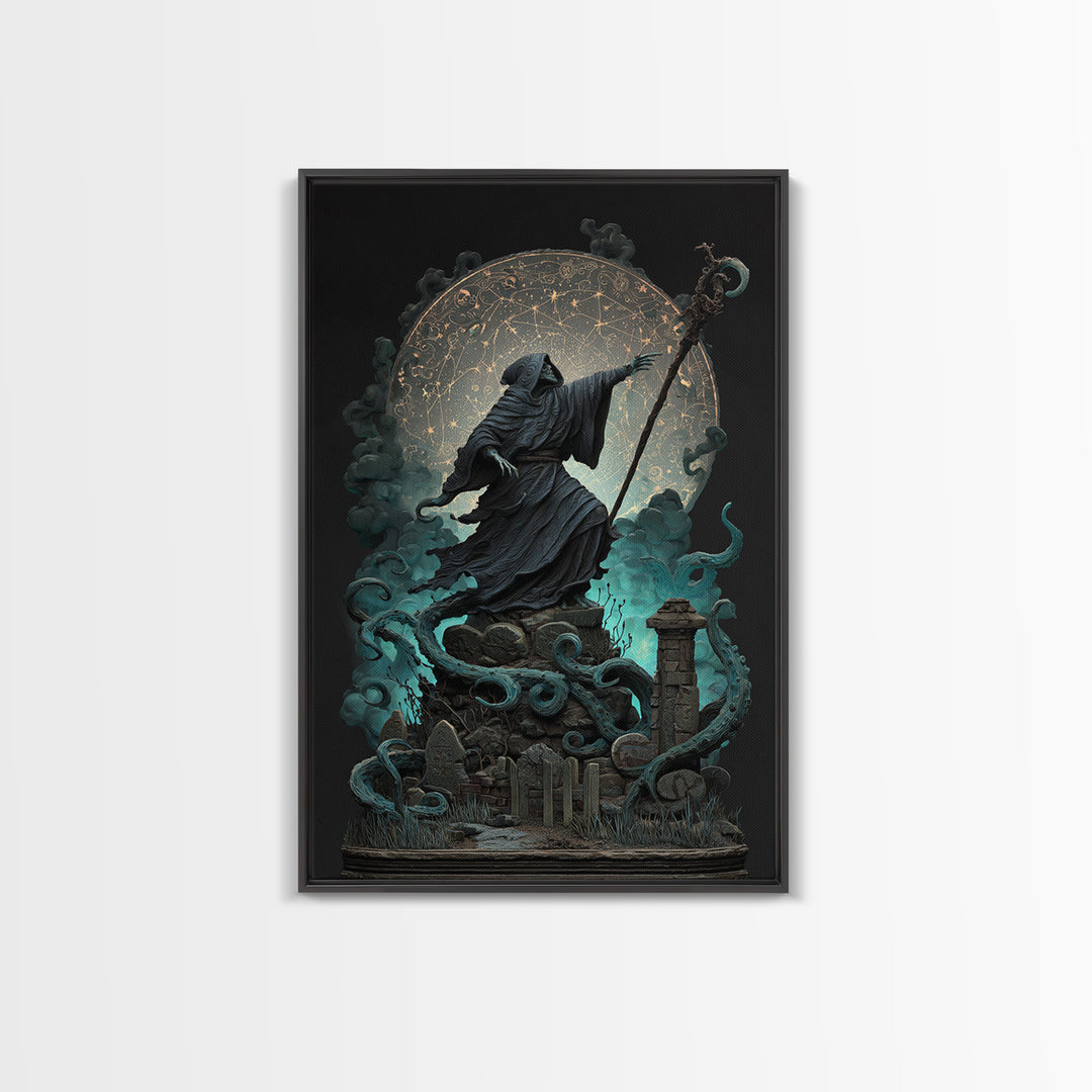 The Star-Seer Of Black Dunwich, Vertical Wall Art, Dark Halloween Decor, Framed Canvas Print, Halloween Wall Decor, Gothic Home Decor