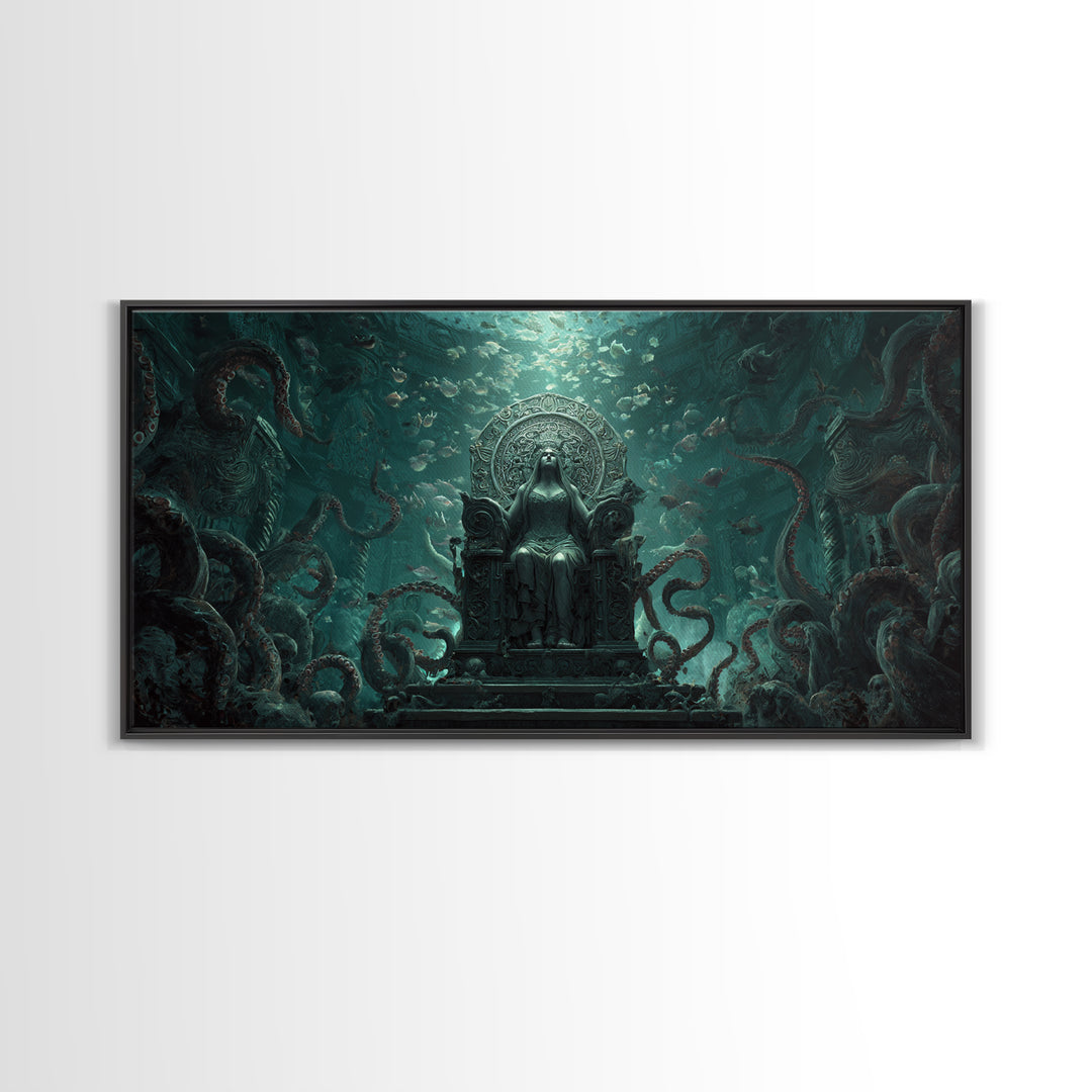 The Watcher In The Coral Throne, Wide Panoramic Art, Lovecraftian Horror Art, Framed Canvas Print, Halloween Wall Decor, Gothic Home Decor