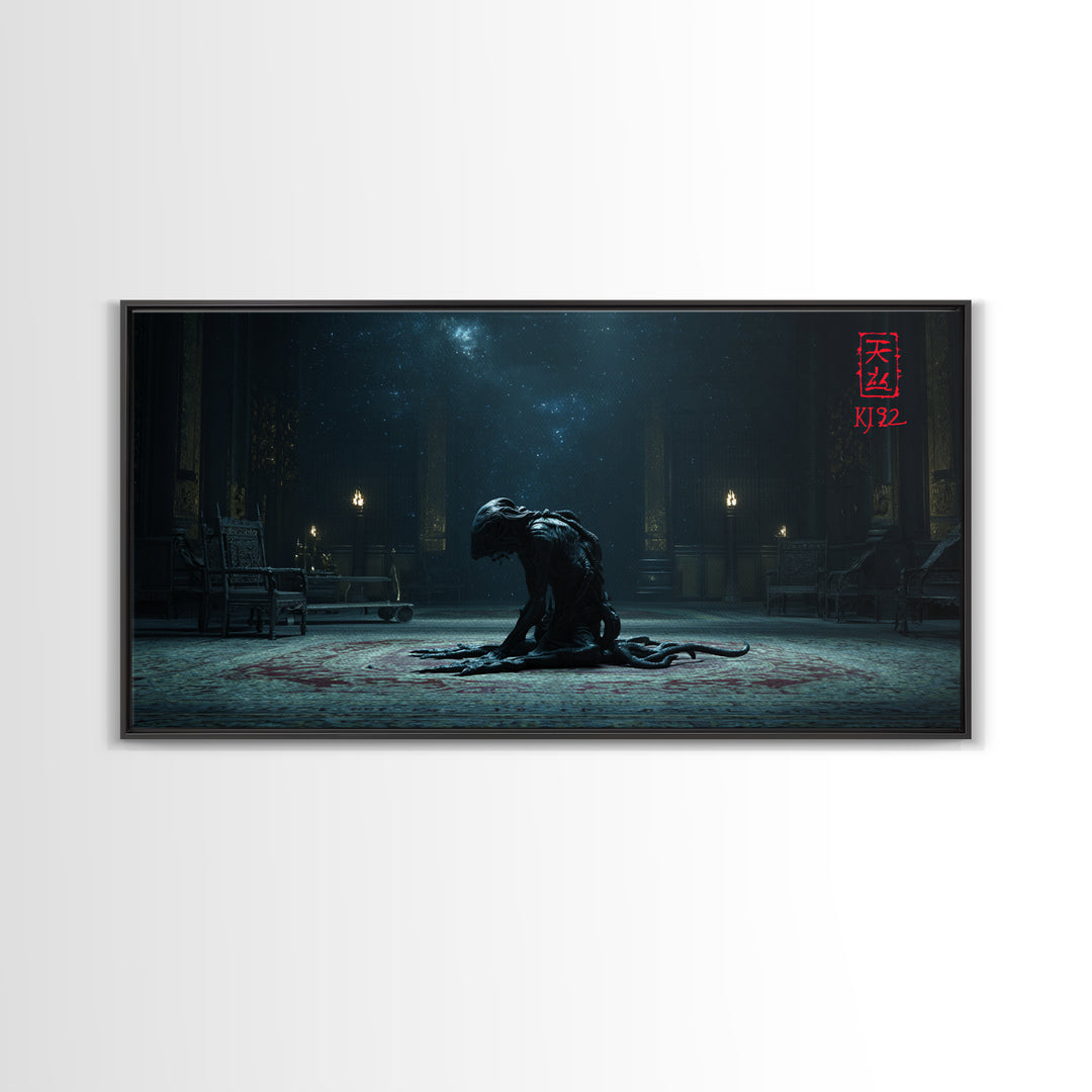 The Crawler Beneath The Floor Of Stars, Wide Panoramic Art, Eldritch Gothic Decor, Framed Canvas Print, Halloween Wall Decor