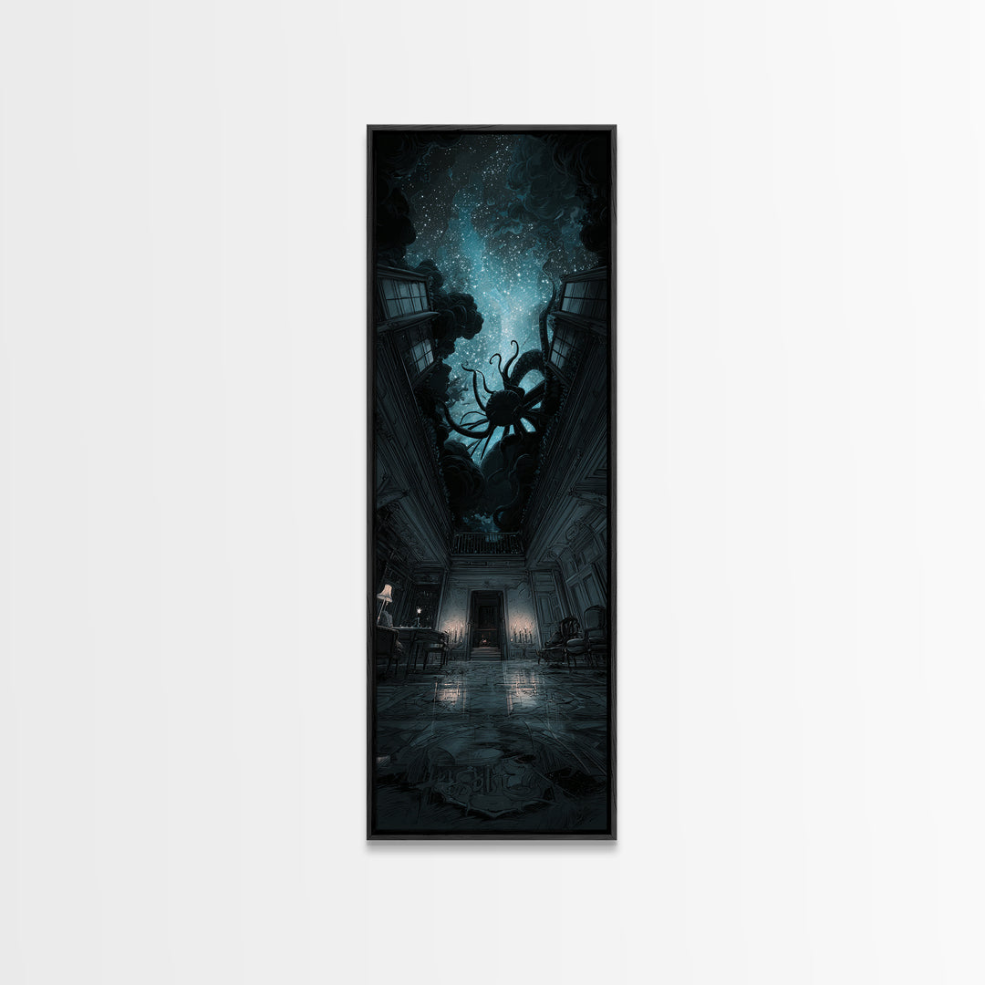 The Crawler Beneath The Floor Of Stars, Tall Narrow Wall Art, Spooky Home Decor, Framed Canvas Print, Halloween Wall Decor