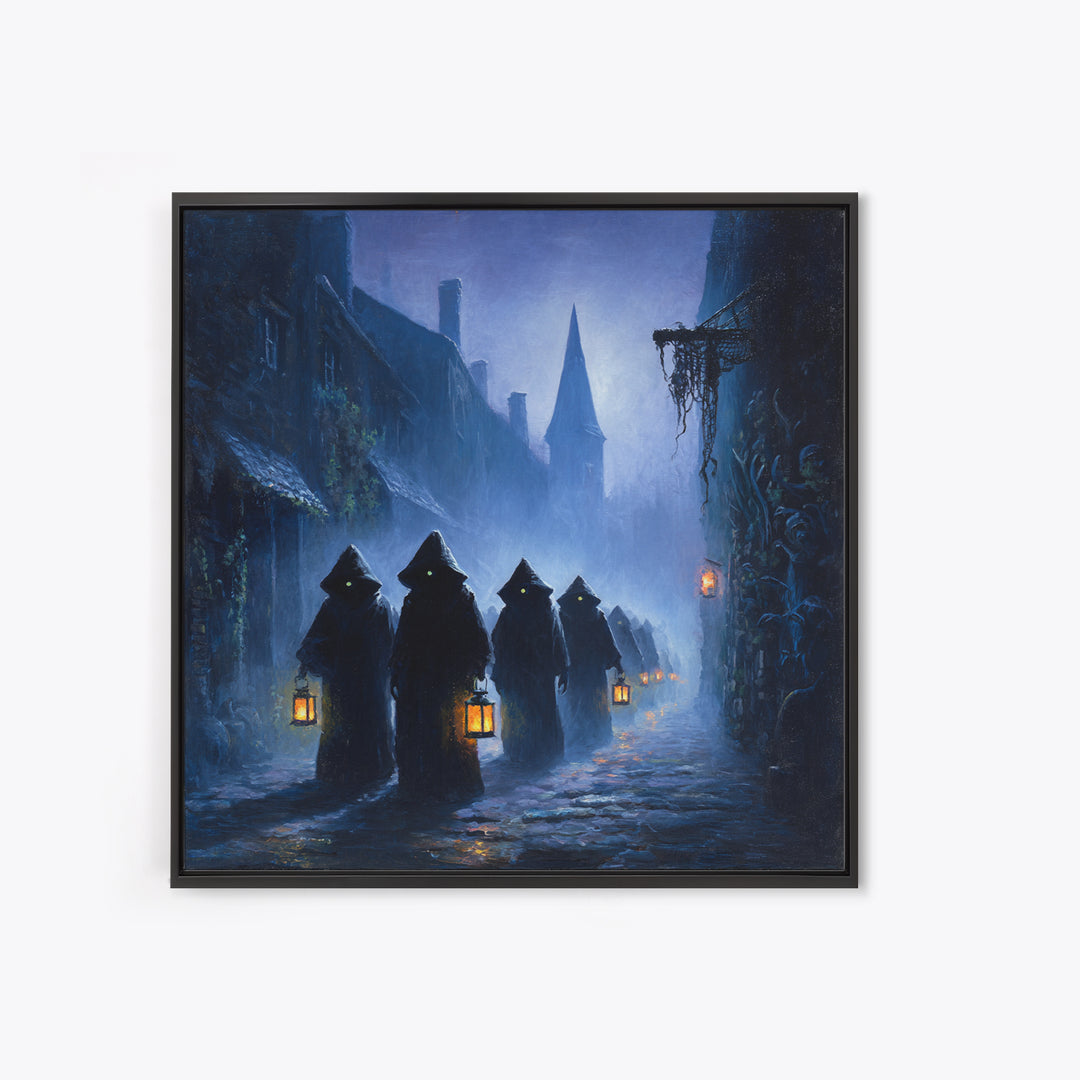 The Innsmouth Lantern Procession, Square Wall Art, Gothic Horror Wall Art, Framed Canvas Print, Halloween Wall Decor, Gothic Home Decor