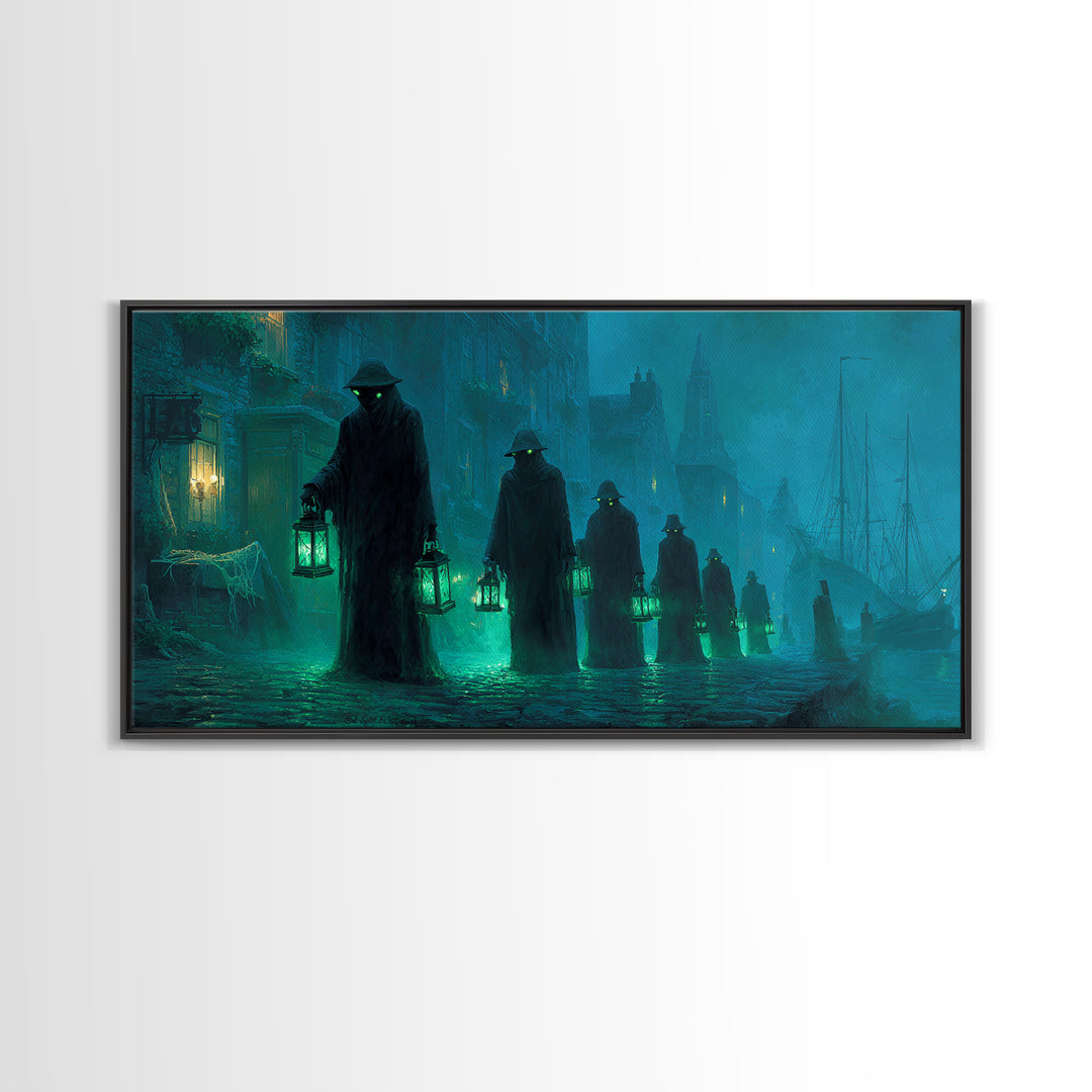 The Innsmouth Lantern Procession, Wide Panoramic Art, Eldritch Gothic Decor, Canvas Print, Halloween Wall Decor, Gothic Home Decor