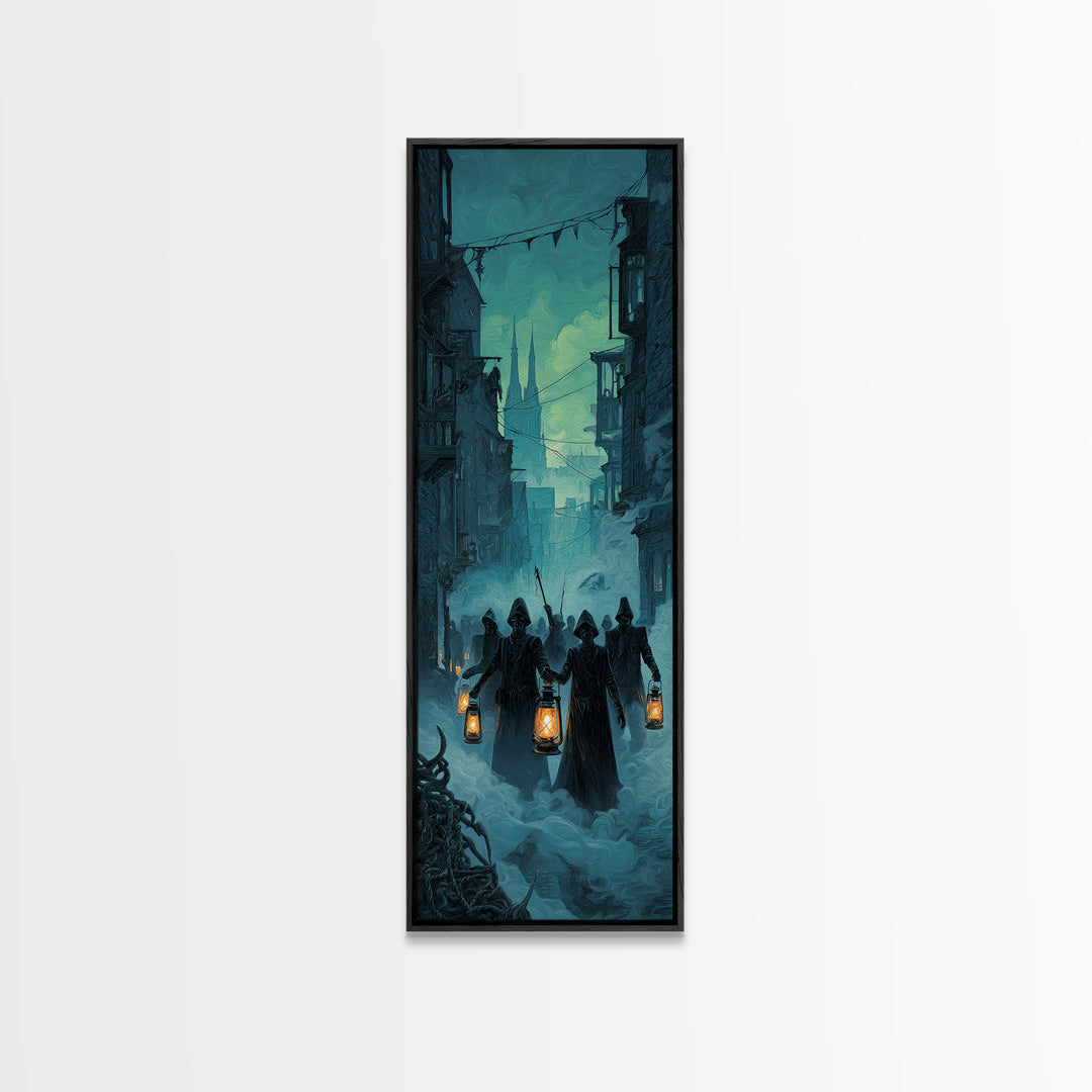 The Innsmouth Lantern Procession, Tall Narrow Wall Art, Gothic Horror Wall Art, Canvas Print, Halloween Wall Decor, Gothic Home Decor