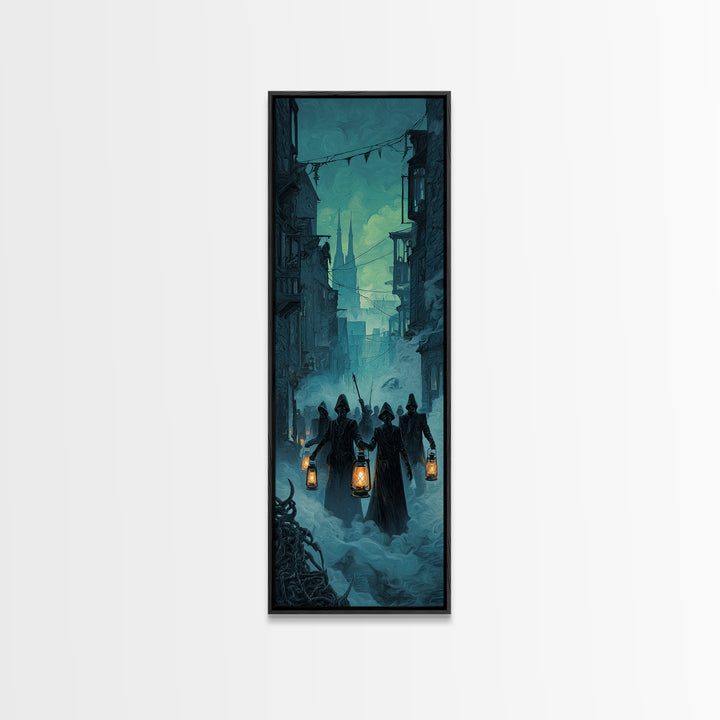 The Innsmouth Lantern Procession, Tall Narrow Wall Art, Gothic Horror Wall Art, Canvas Print, Halloween Wall Decor, Gothic Home Decor