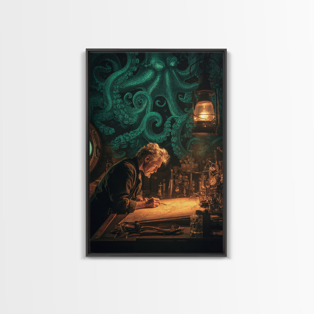 The Mapmaker Of Impossible Shores, Vertical Wall Art, Macabre Wall Art, Framed Canvas Print, Halloween Wall Decor, Gothic Home Decor