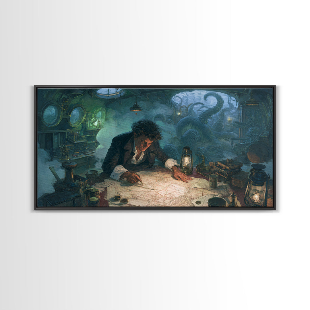 The Mapmaker Of Impossible Shores, Wide Panoramic Art, Eldritch Gothic Decor, Framed Canvas Print, Halloween Wall Decor, Gothic Home Decor