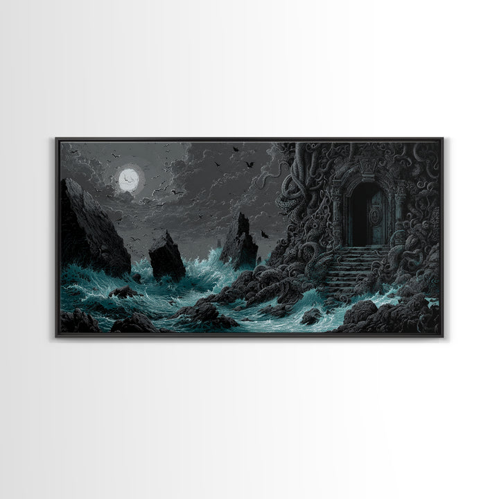 The Keeper Of The Black Reef Key, Wide Panoramic Art, Gothic Horror Wall Art, Canvas Print, Halloween Wall Decor, Gothic Home Decor